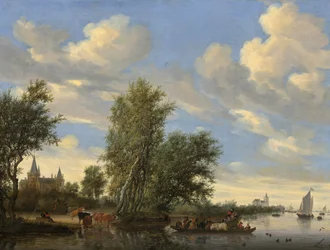 Rivierlandschap met veerboot